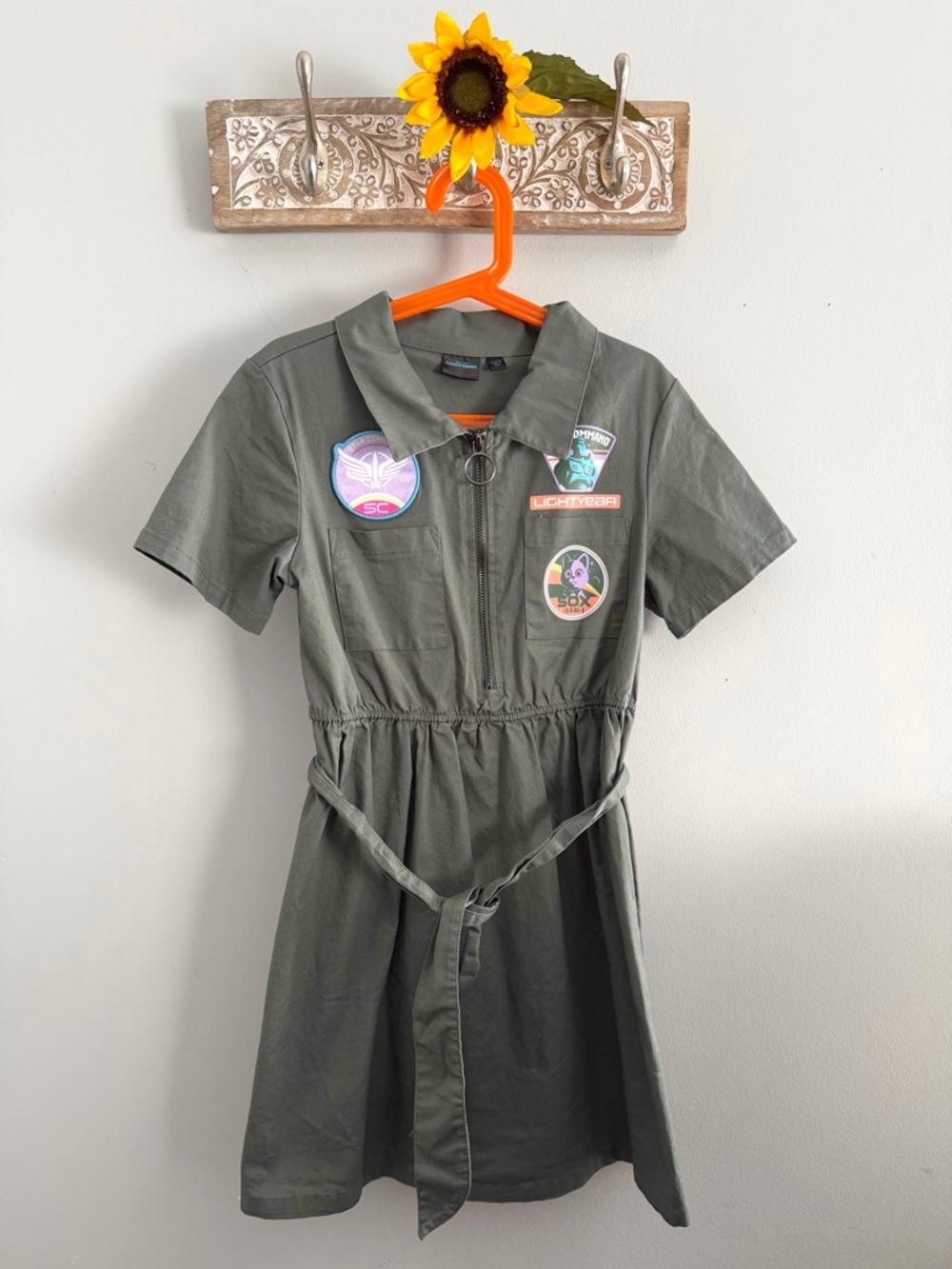 DISNEY Pixar Lightyear Girls Olive Green Star Command Utility Dress-Size L 10/12